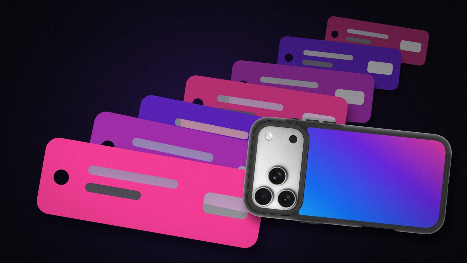 A receding stack of pink and purple price tags with an aurora-gradient phone case lying flat in front, on near-black.
