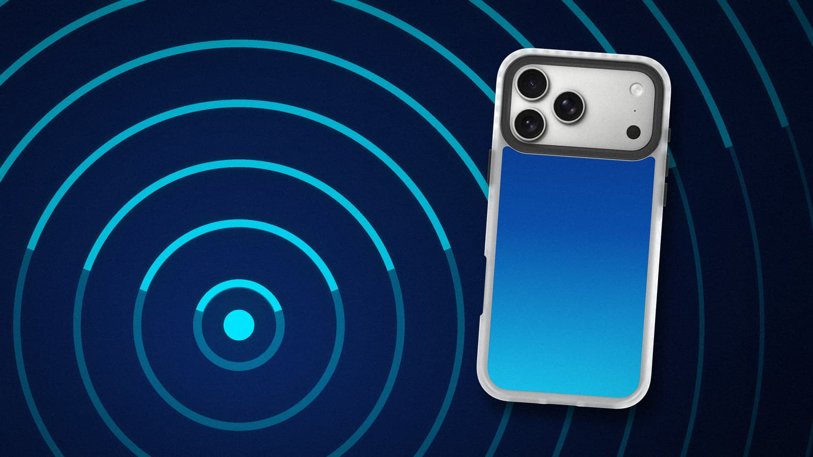 Cyan wireless signal arcs radiating across a deep navy frame from the lower left, with a navy-to-cyan phone case standing right of centre.