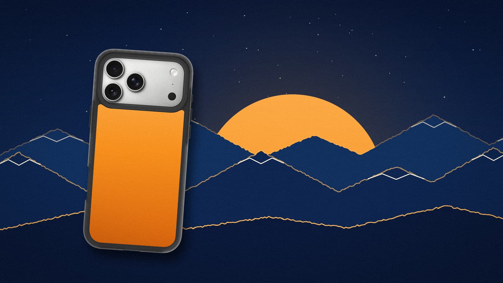 Layered line-art mountain ridges with a few snow-cap strokes in front of a large low amber sun on deep navy, with an orange phone case standing left of centre.