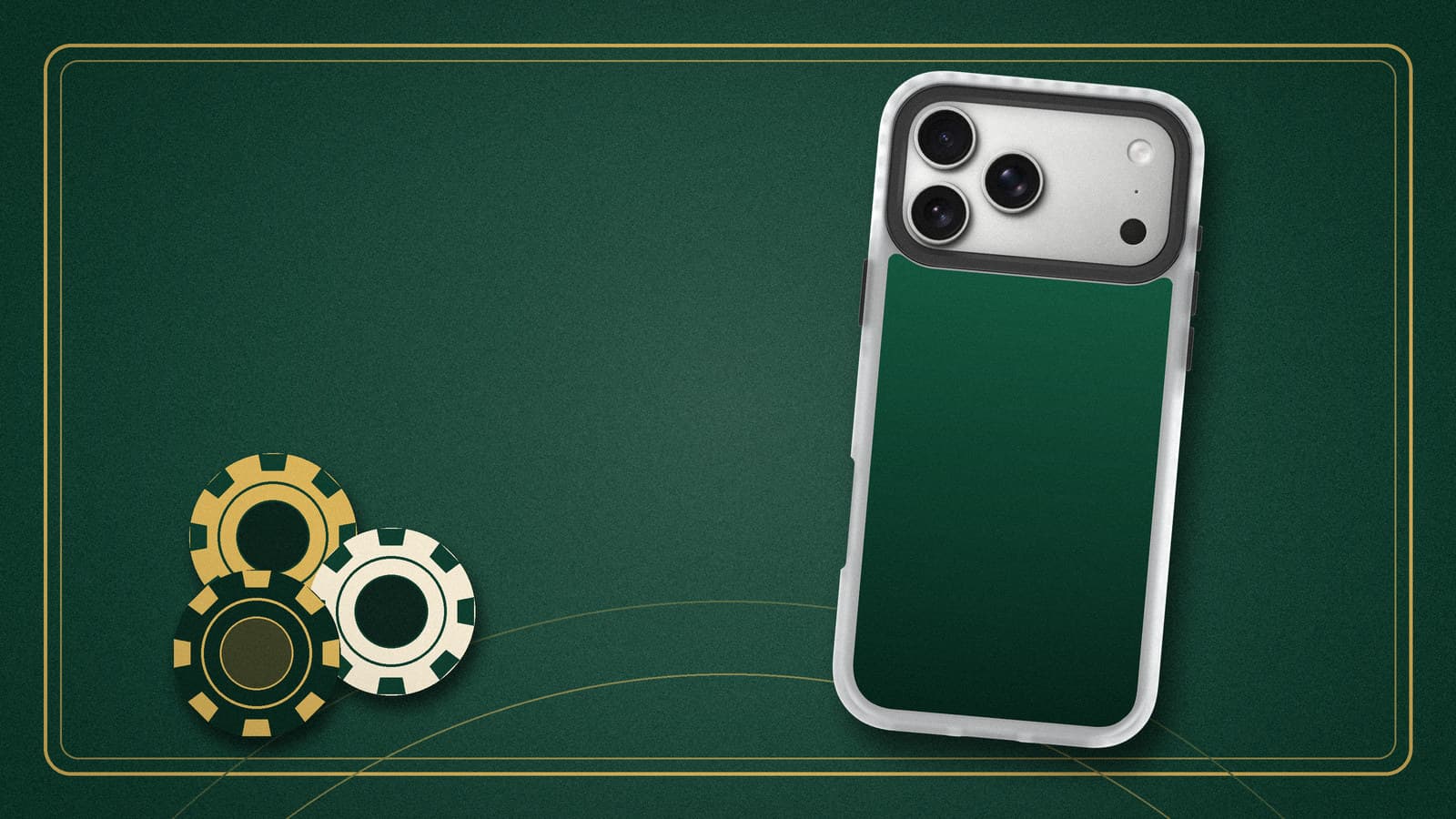 A deep-green phone case standing on a green felt casino table with a gold double border and three casino chips.