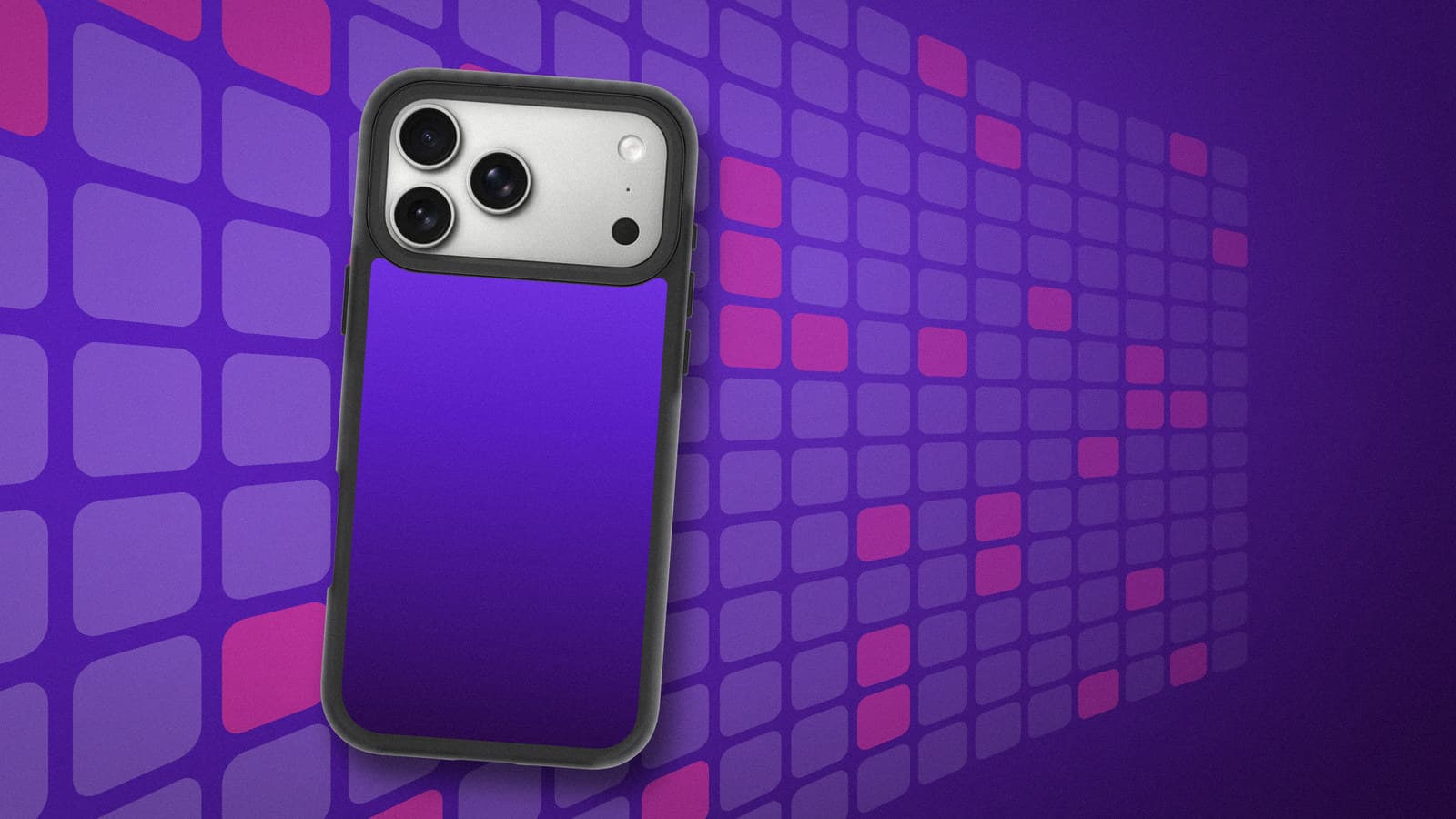 A soft perspective wall of rounded badge squares fading to the right on CCK purple, with a purple-gradient phone case standing upright left of centre.