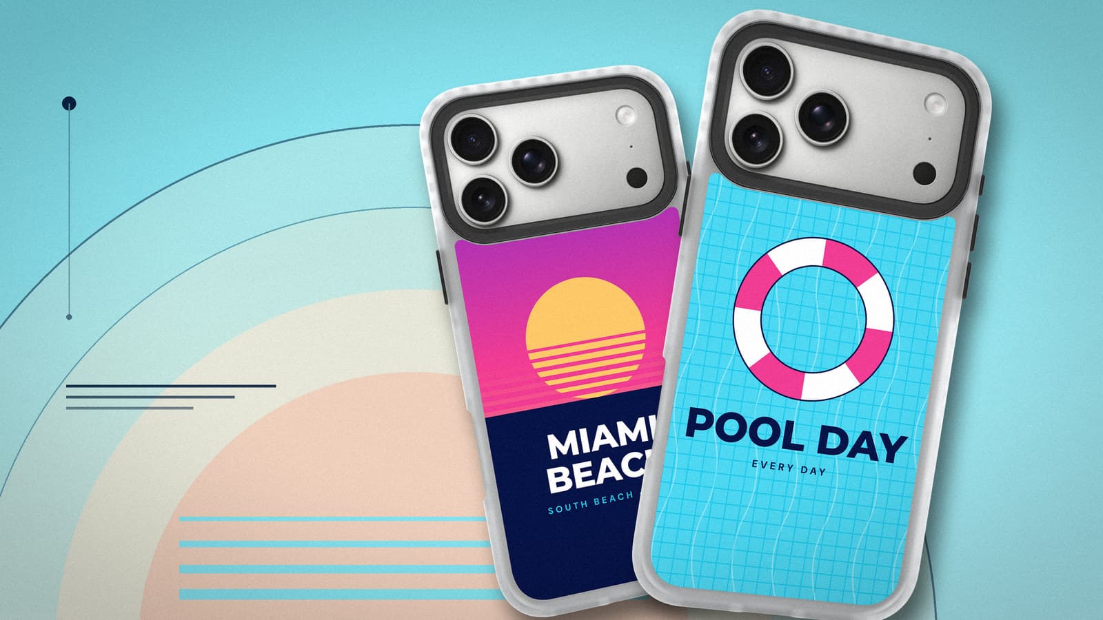 Two custom phone cases for The Hospitality Show in Miami Beach: a Pool Day case with a pink-and-white lifebuoy in front, and a Miami Beach sunset case behind it, against an aqua Art Deco sun.