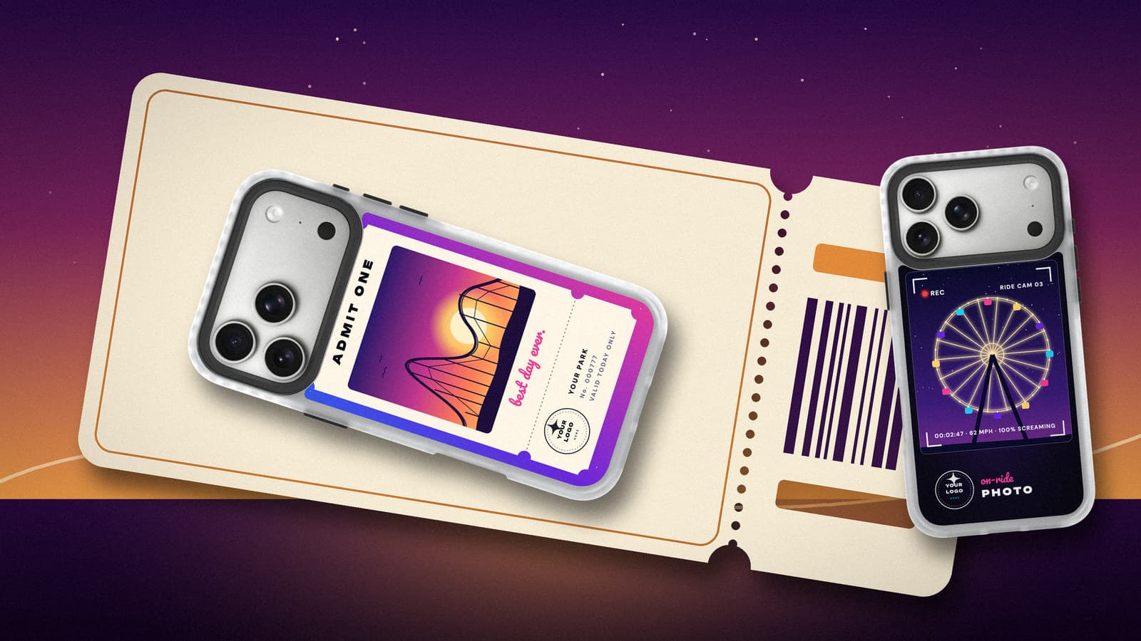 An Admit One phone case lying on a cream ticket with a perforated stub, a Ride Cam phone case standing at the right, a roller-coaster line on a dusk horizon.