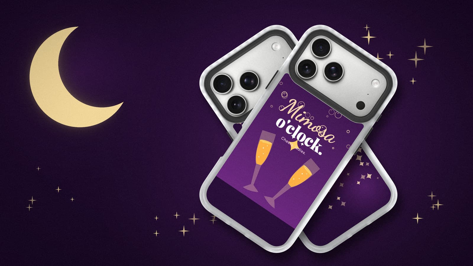 Two plum-and-gold custom phone cases crossed in an X, Ladies' night and Mimosa o'clock, under a crescent moon with scattered gold sparkles.