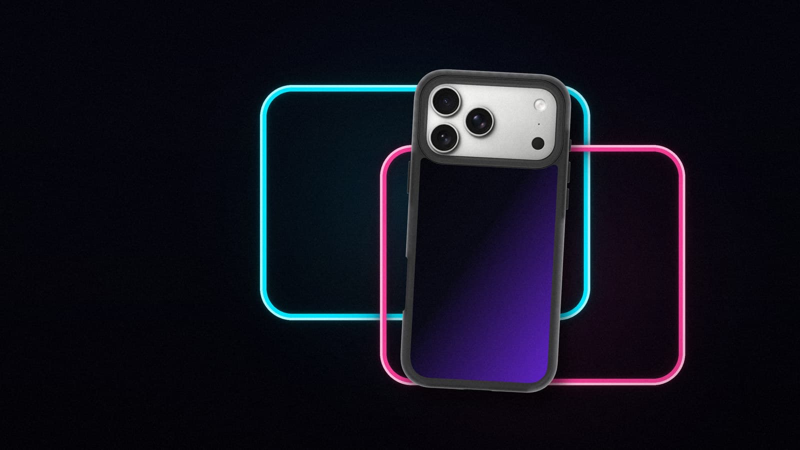 A dark phone case standing inside two overlapping neon tube rectangles, cyan and magenta, on a near-black wall.