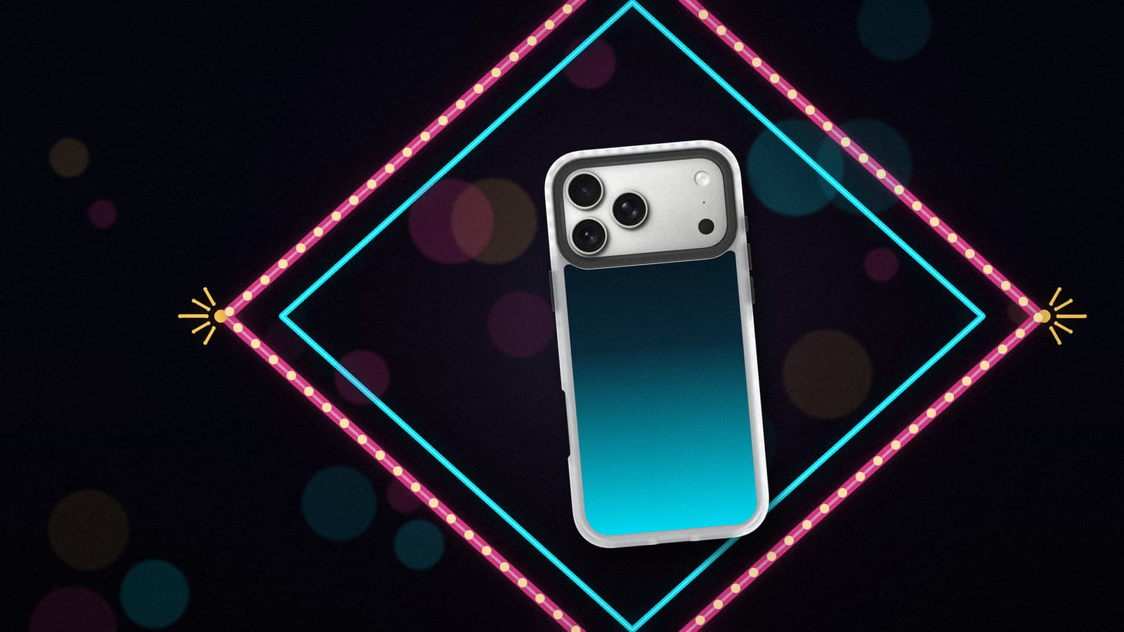 A black-to-cyan phone case leaning slightly inside a large neon diamond marquee sign, pink tube outside and cyan inside, ringed with warm bulbs on a dark stage with soft out-of-focus lights.