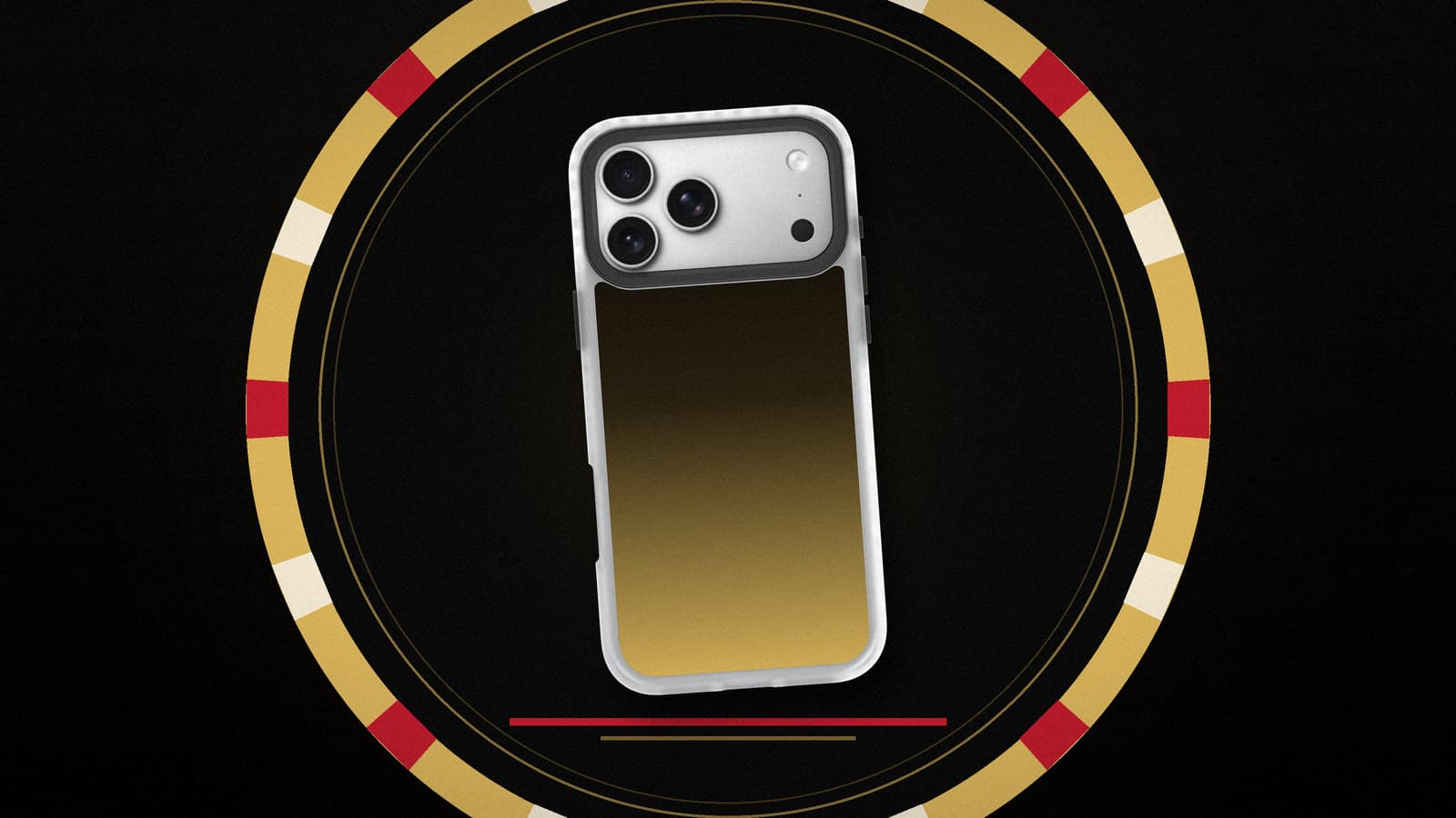 A black-to-gold phone case standing inside a large gold casino-chip edge with red and cream spots, on black.
