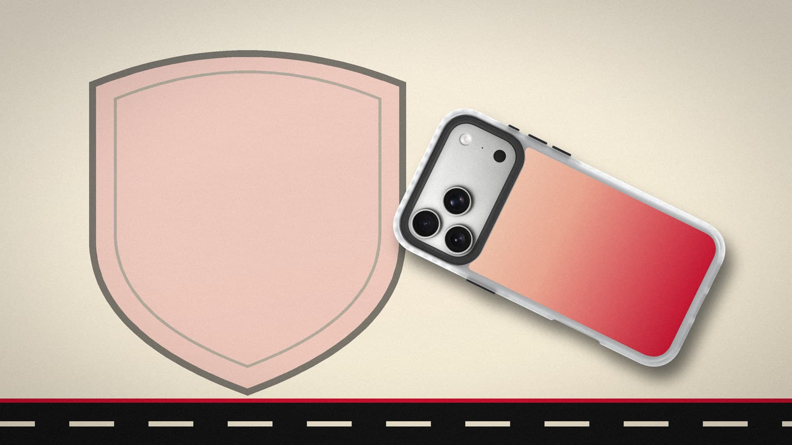 An empty highway shield and a dashed centre line on a cream plate, with a cream-to-red phone case lying at an angle across the lower right.