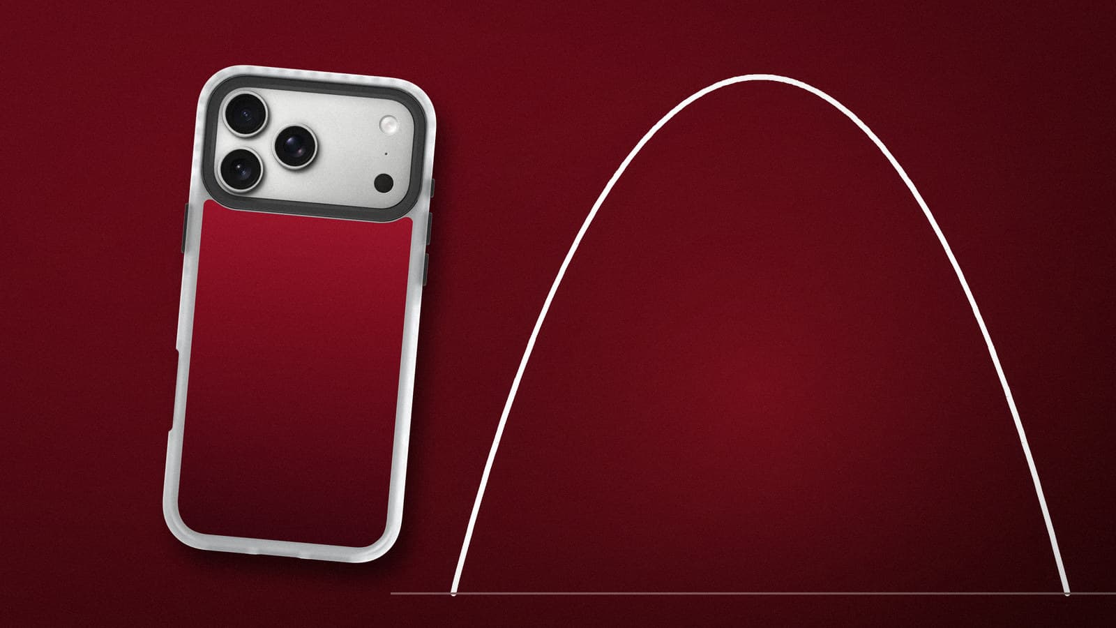 A white line drawing of the Gateway Arch on deep red, with a red-gradient phone case standing at the left.