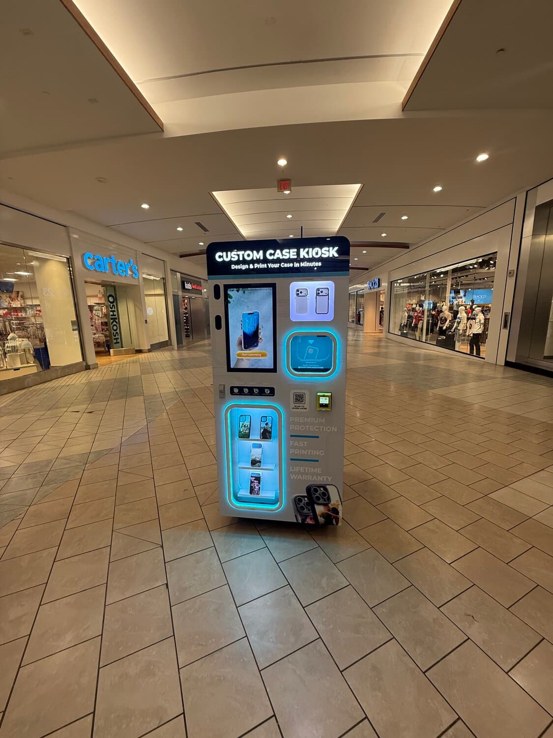 Custom Case Kiosk at Dartmouth Mall in North Dartmouth, Massachusetts — CCK-V4 unit on the mall concourse
