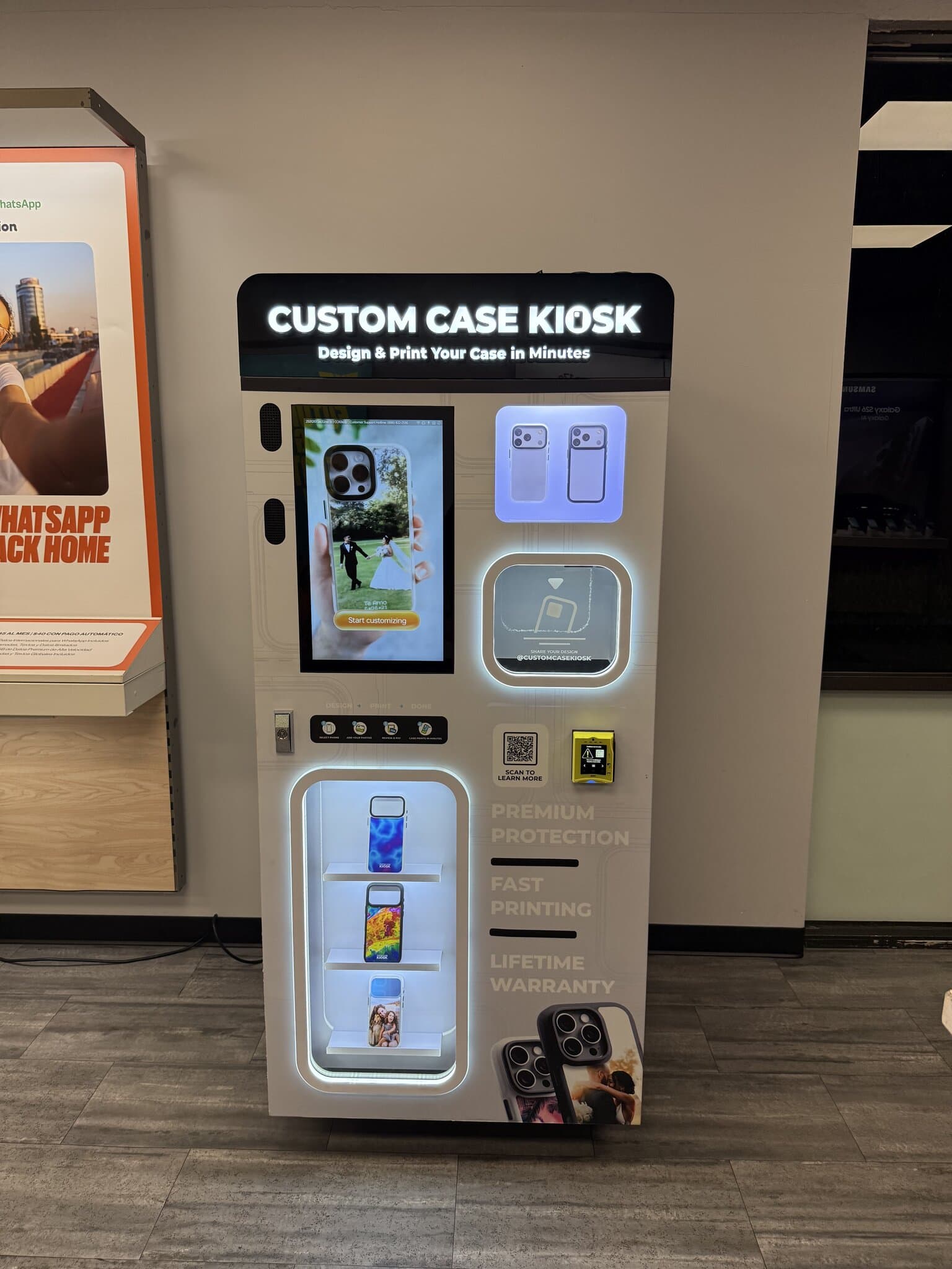 Custom Case Kiosk in Phoenix, AZ — front view with the design touchscreen, case display, and backlit case shelves